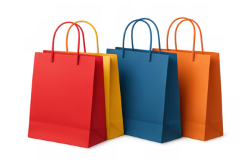 Colorful shopping paper bags standing on a transparent background, representing retail, consumerism, and sales promotions