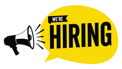 We're Hiring recruitment announcement with black megaphone and yellow speech bubble, flat vector illustration for business job vacancy ads.