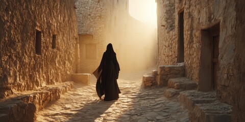 Person walking through a narrow alleyway bathed in warm sunlight historical