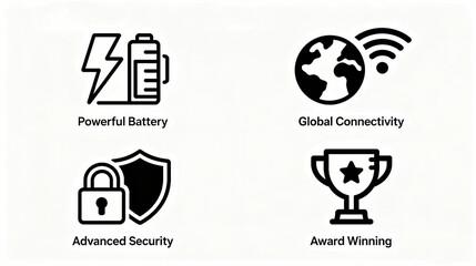 Elements such as powerful batteries and global connectivity represent advanced safety and award-winning electronic features, suitable for electronic device promotional materials.
