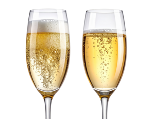 Two champagne glasses, flutes, tilted with fizzy wine as a birthday celebration or to celebrate the New Year with different amounts of fizzy bubbles isolated on a transparent background