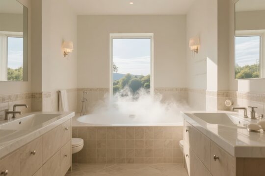 Modern bathroom with steaming bathtub, dual sinks, and natural light from a window overlooking greenery - Powered by Adobe