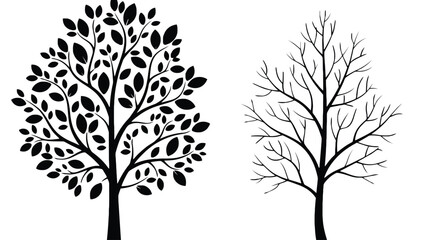 Obraz premium Two stylized trees, one with leaves and one bare, are silhouetted against a white background.