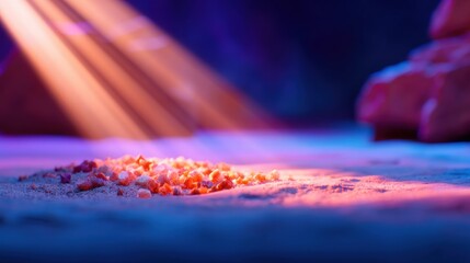 Vibrant orange and purple crystals on snowy ground with colorful lighting effects