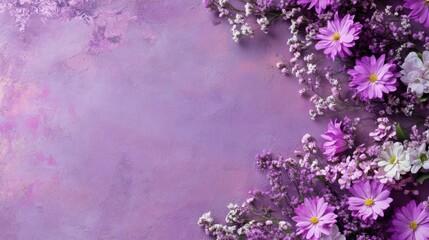 Obraz premium Delicate floral arrangement with asters and baby's breath on a textured purple backdrop