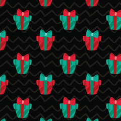 Pattern of red and green gift new year box. New Year gift box seamless pattern. Striped Gift Box pattern