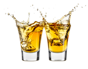 Glasses shot of tequila making toast with splash isolated on trasparent or white background, png