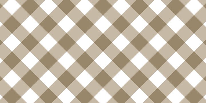 Brown and white diagonal gingham pattern. Seamless buffalo check plaid background for textile, wrapping paper, and rustic cafe decor. Classic aesthetic tablecloth texture.