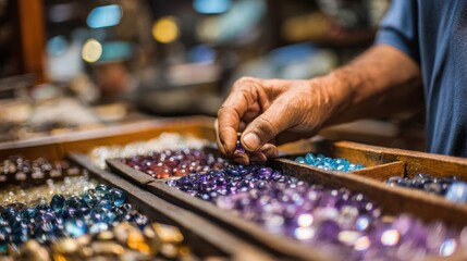 Closeup of artisan hands selecting fairtrade gemstones with blurred workshop background highlighting ethical jewelry sourcing process.