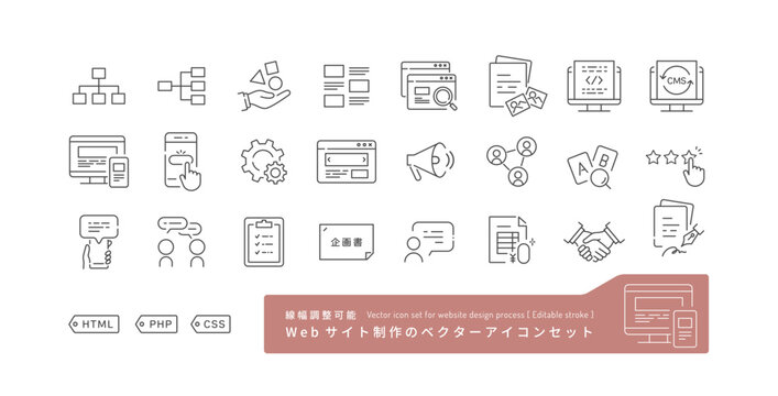 Webサイト制作の流れに使える線幅細めのモノクロ線画アイコンとイラストセット。ホームページ作成･レスポンシブデザイン･要件定義。Editable stroke