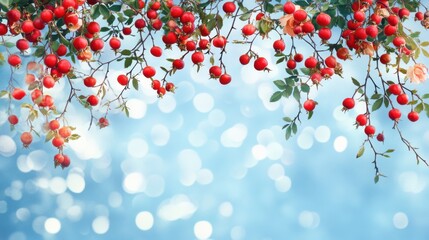 Festive rosehip branches adorned with bright red berries against a bokeh backdrop