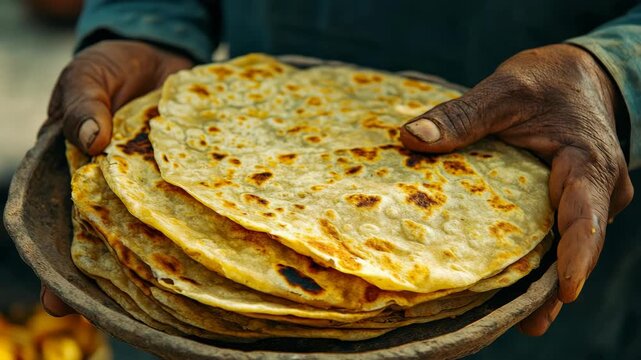 Man presenting stack of freshly cooked rotis on a tray