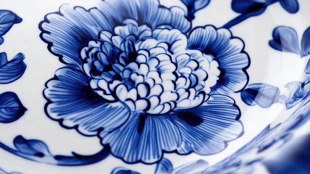 A close-up view of a beautiful blue floral pattern on a ceramic vase.