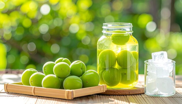 瓶に漬けた青梅と並べた果実が保存用仕込み工程を分かりやすく示す梅仕事の一場面