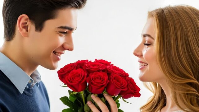 Young man giving bouquet of red roses to smiling woman isolated on white background