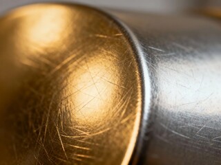 Fototapeta premium Close-up of a metallic surface with golden and silver tones, showing scratches and reflective texture