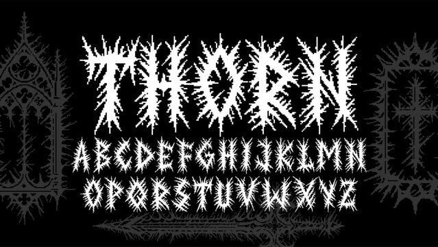 Pixelated tribal display typeface with dark metal aesthetic