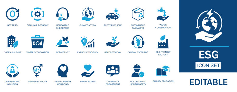 ESG and Sustainability Solid Icon Set. Features icons of Net Zero, climate change, community, compliance, and diversity. Flat vector design for eco-friendly and green energy presentations. 