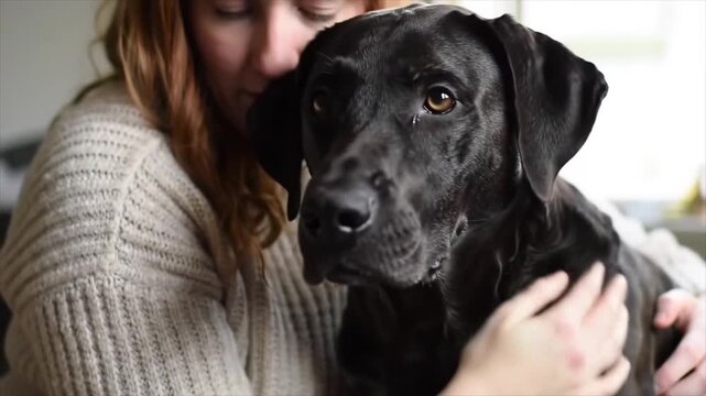 A woman in a cozy sweater lovingly embraces her black Labrador, a tender, heartfelt moment of comfort and the unbreakable bond between a pet and its owner
