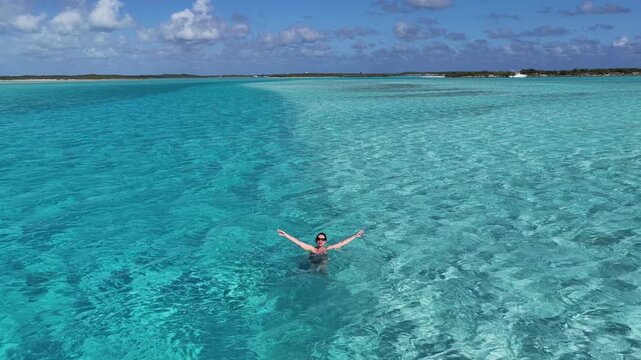 Exuma Skyline In Exuma Black Point Bahamas. Stunning Tropical Coastline Beach Scene Viewed From Above. Shore Sky Beach Sea. Remote Location Beach Scenic Coastline. Exuma Black Point.