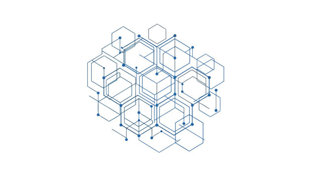 Abstract geometric network of interconnected hexagonal shapes with nodes and lines, representing data connections and technology concepts