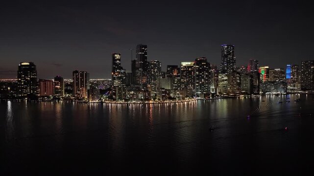 Brickell Bay In Miami Florida United States. Bustling Downtown Cityscape With Modern Buildings. Building Construction Skyline Birds View Stunning. Birds View Enterprise Night. Miami Florida.