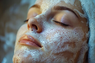 Fototapeta premium Closeup of fresh clean skin and green eye in sunlight showing morning skincare ritual glow, generative AI portrait