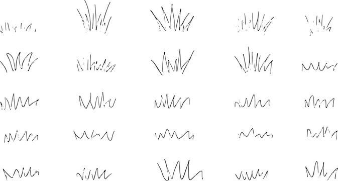 Hand-drawn sketchy vector grass tufts and wavy lines for nature, eco, organic design projects &mdash; minimalist doodle style