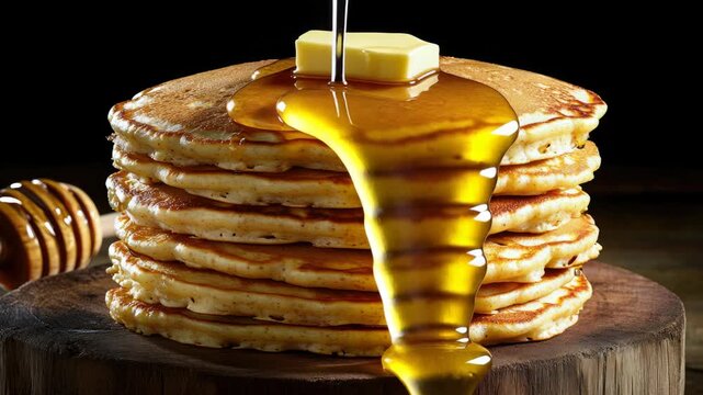 Close-up of a mouthwatering breakfast food item featuring fluffy pancakes piled high on top of each other, topped with rich, golden honey that has been artfully drizzled over them.
