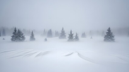Snowy landscape with evergreen trees in foggy weather conditions viewed from afar