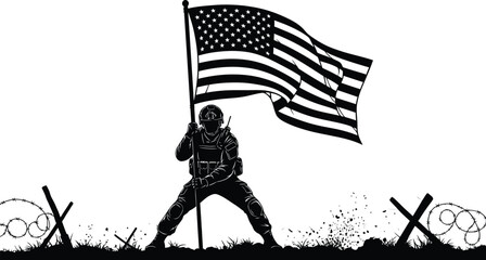 Silhouette of a soldier holding the American flag in a battlefield setting. AI Generative