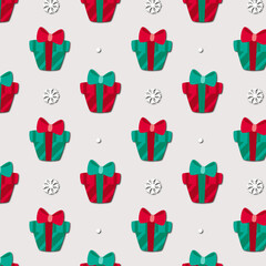 Pattern of red and green gift new year box. New Year gift box seamless pattern. Striped Gift Box pattern