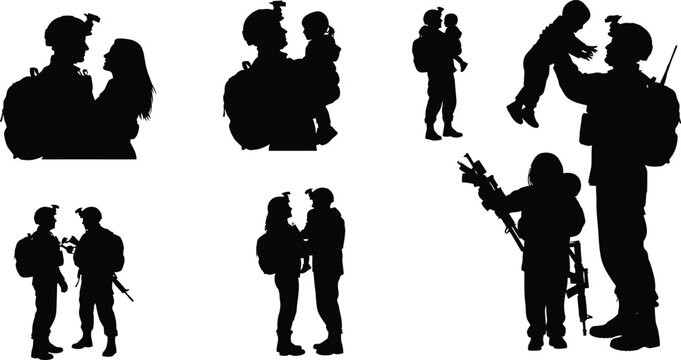 Collection of black silhouettes depicting soldiers interacting with their families, including partners and children in various tender and everyday moments. AI Generative