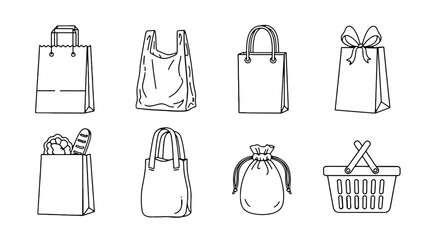 A collection of different types of shopping bags and a basket.