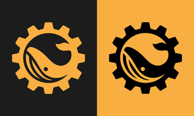 Whale and gear logo design in a minimalist style, presented in two color schemes