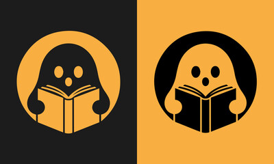 Simple icon illustration of a friendly cartoon ghost reading a book on a split background