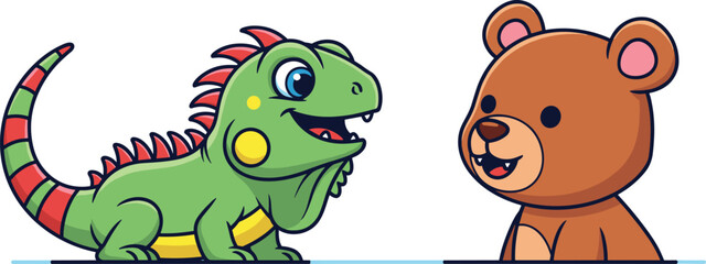 Obraz premium Cute Cartoon Lizard and Bear Characters Facing Each Other, Colorful Flat Vector Illustration for Kids Education, Animal Learning, Nursery Decor, and Children Design