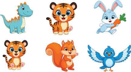 Obraz premium Cute Cartoon Baby Animals Collection Including Dinosaur Tiger Rabbit Squirrel and Bird, Colorful Vector Illustration Set for Kids Design and Fun Projects