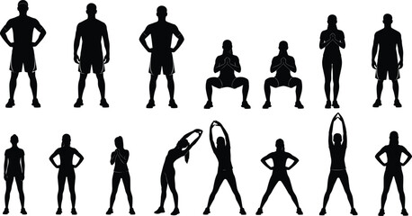 Fitness workout silhouettes of men and women performing squats, stretches, and standing poses, athletic training exercises isolated on white background