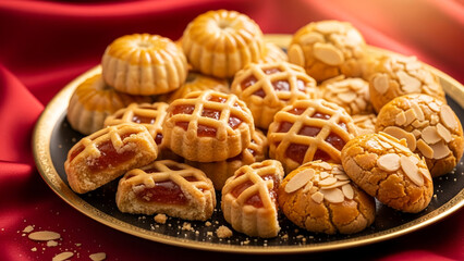 Luxury Chinese New Year cookies on gold rimmed plate with red silk background gourmet food photography