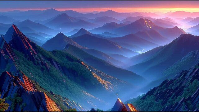 Mountain Range at Sunset with Trees.