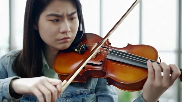 Young woman playing a violin with a focused expression on her face indoors