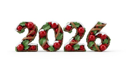 Festliche 2026 Zahlen aus Tannengr&uuml;n mit roten Beeren als Weihnachtsdekoration auf wei&szlig;em Hintergrund Generative KIFestliche 2026 Zahlen aus Tannengr&uuml;n mit roten Beeren als Weihnachtsdekoration auf we