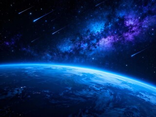 Earth viewed from space with starry sky and meteor trails