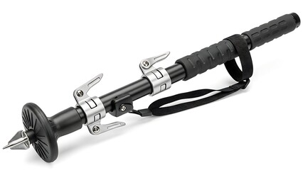 Adjustable black and silver trekking pole with pointed tip and wrist strap on a white background.