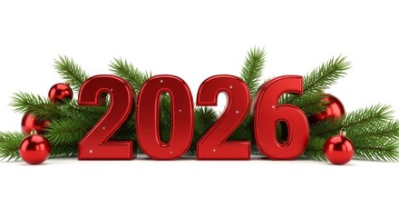 Rote 3d Jahreszahl 2026 auf Tannenzweigen mit roten Kugeln als Weihnachts und Neujahrsdekoration vor wei&szlig;em Hintergrund Generative KI