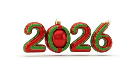 Gr&uuml;n rote 3d Jahreszahl 2026 mit Weihnachtskugel als Null und festlichem Glanz auf wei&szlig;em Hintergrund Generative KI