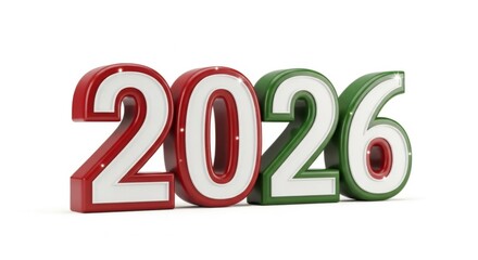Gr&uuml;n rot verlaufende 3d Jahreszahl 2026 mit gl&auml;nzender Oberfl&auml;che und Schatten auf wei&szlig;em Hintergrund Generative KI