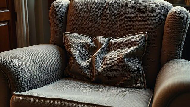 ableism. An old fabric armchair with a sagging seat cushion in warm light. lifestyle magazines, social media lookbooks, designed for lifestyle magazines and social media content, drives engagement.
