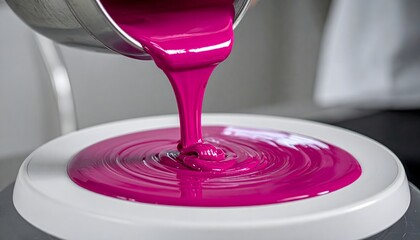 Pouring pink liquid into white container for chemical mixing process in laboratory or factory setting